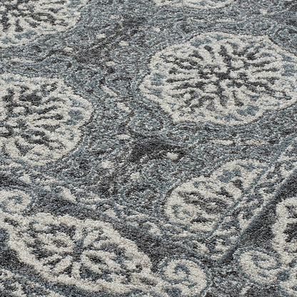 6' Charcoal and Ivory Medallion Power Loom Runner Rug