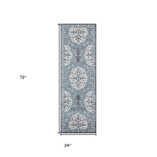 6' Charcoal and Ivory Medallion Power Loom Runner Rug