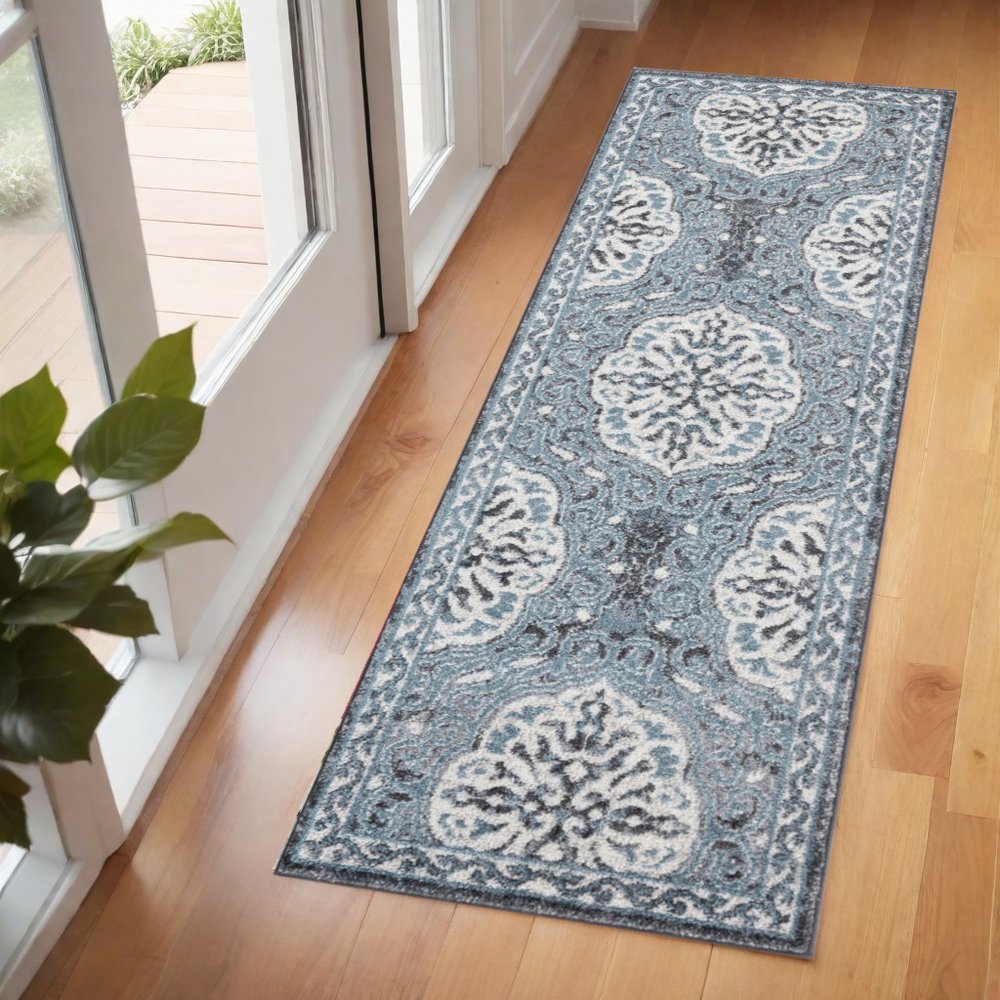 6' Charcoal and Ivory Medallion Power Loom Runner Rug