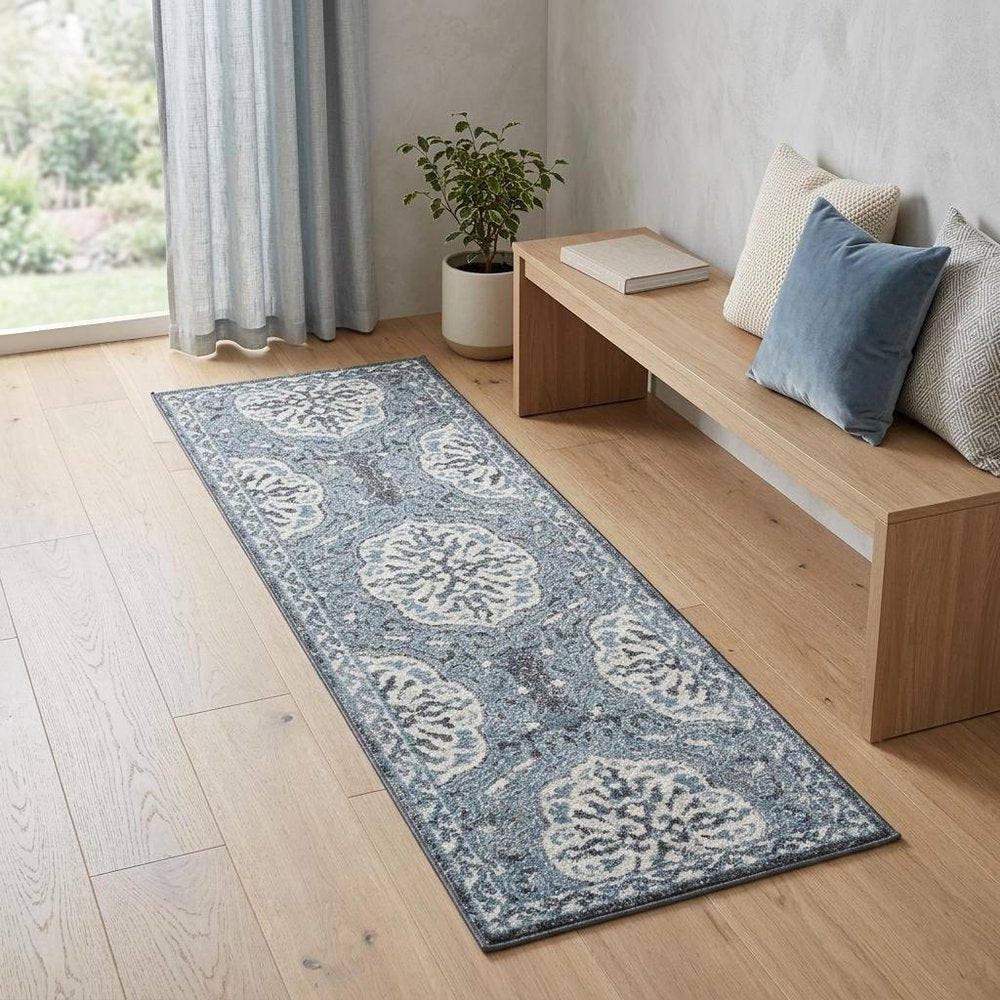 6' Charcoal and Ivory Medallion Power Loom Runner Rug