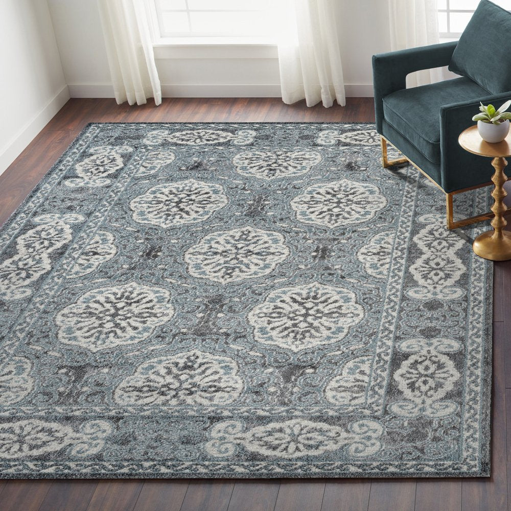 6' Charcoal and Ivory Medallion Power Loom Runner Rug