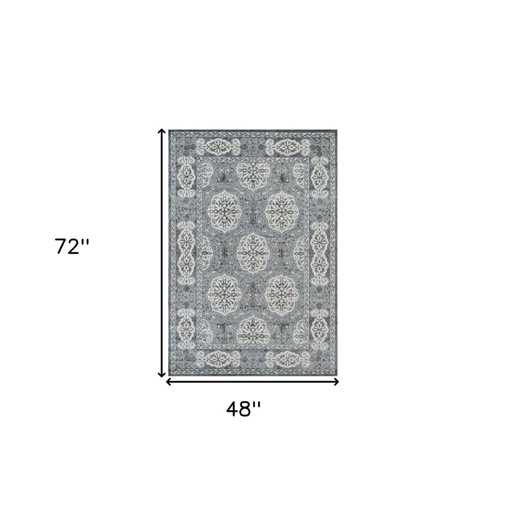 6' Charcoal and Ivory Medallion Power Loom Runner Rug