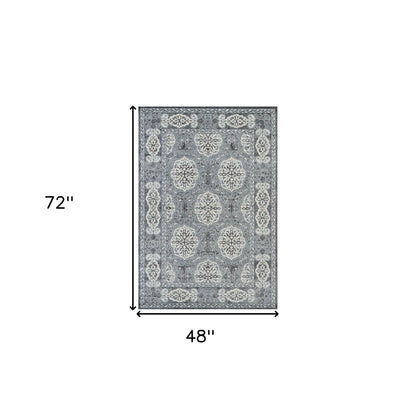 6' Charcoal and Ivory Medallion Power Loom Runner Rug