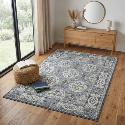 6' Charcoal and Ivory Medallion Power Loom Runner Rug