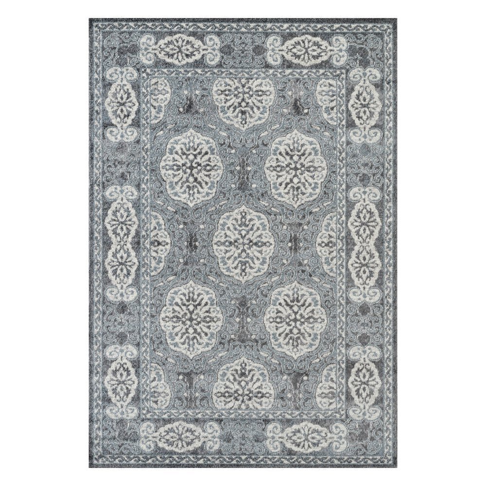 6' Charcoal and Ivory Medallion Power Loom Runner Rug