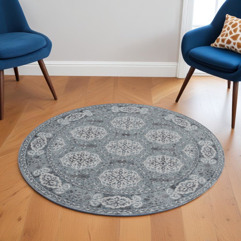 5' X 8' Charcoal and Ivory Medallion Power Loom Area Rug