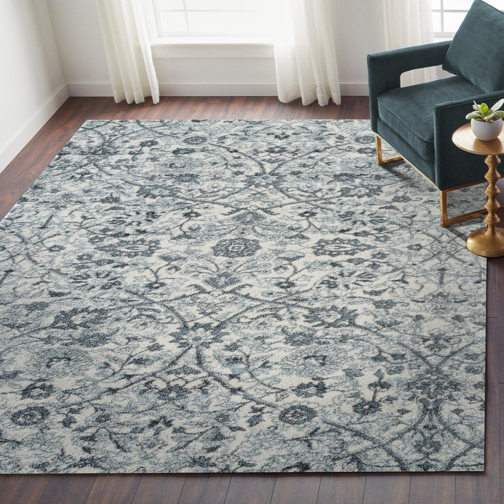 8' X 10' Charcoal And Ivory Floral Area Rug