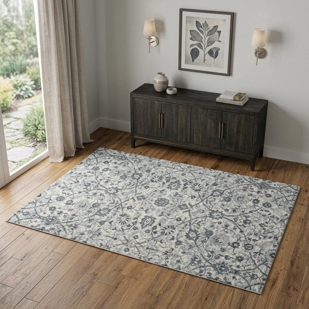 4' X 6' Charcoal and Gray Floral Power Loom Area Rug