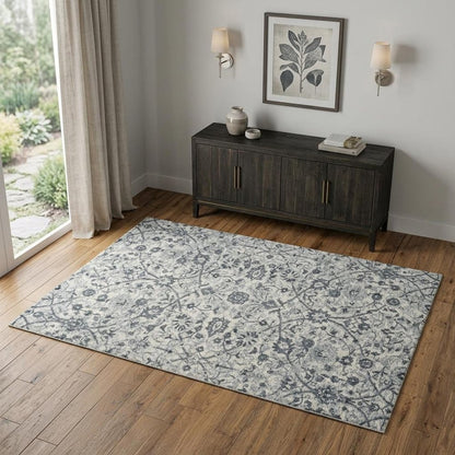 8' X 10' Charcoal And Ivory Floral Area Rug