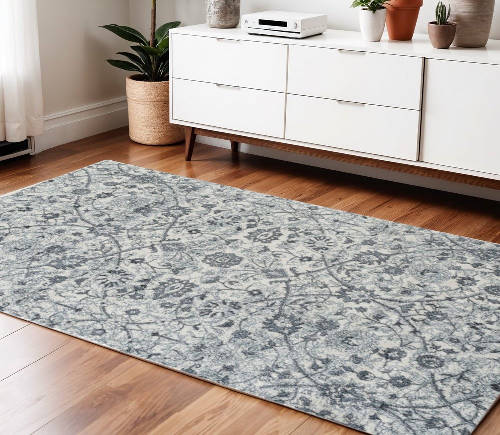 8' X 10' Charcoal And Ivory Floral Area Rug
