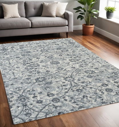 8' X 10' Charcoal And Ivory Floral Area Rug
