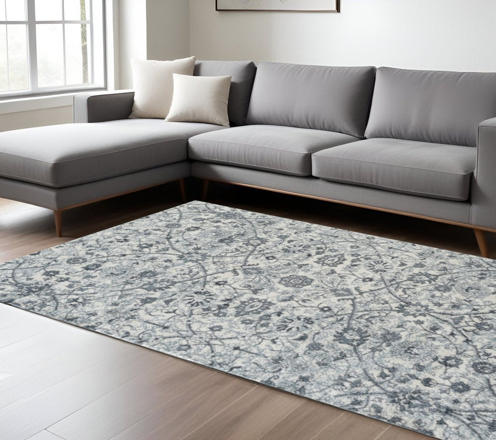 8' X 10' Charcoal And Ivory Floral Area Rug