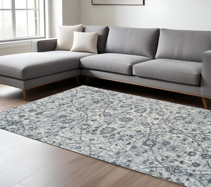 8' X 10' Charcoal And Ivory Floral Area Rug