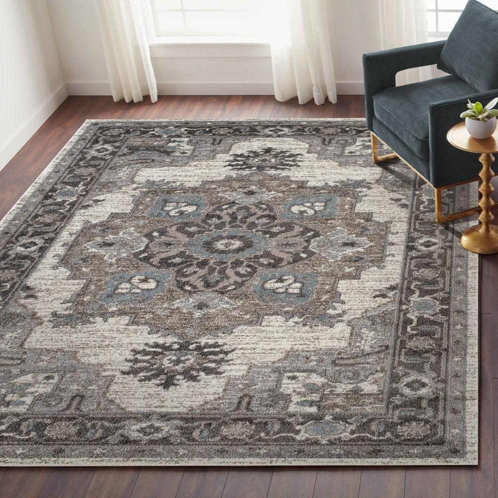 10' Ivory Taupe and Gray Medallion Power Loom Runner Rug