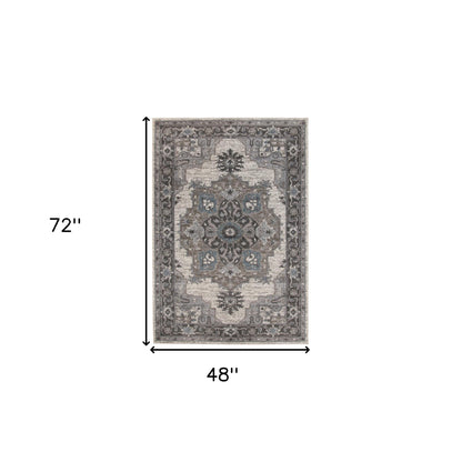 4' X 6' Ivory Taupe and Gray Medallion Power Loom Area Rug