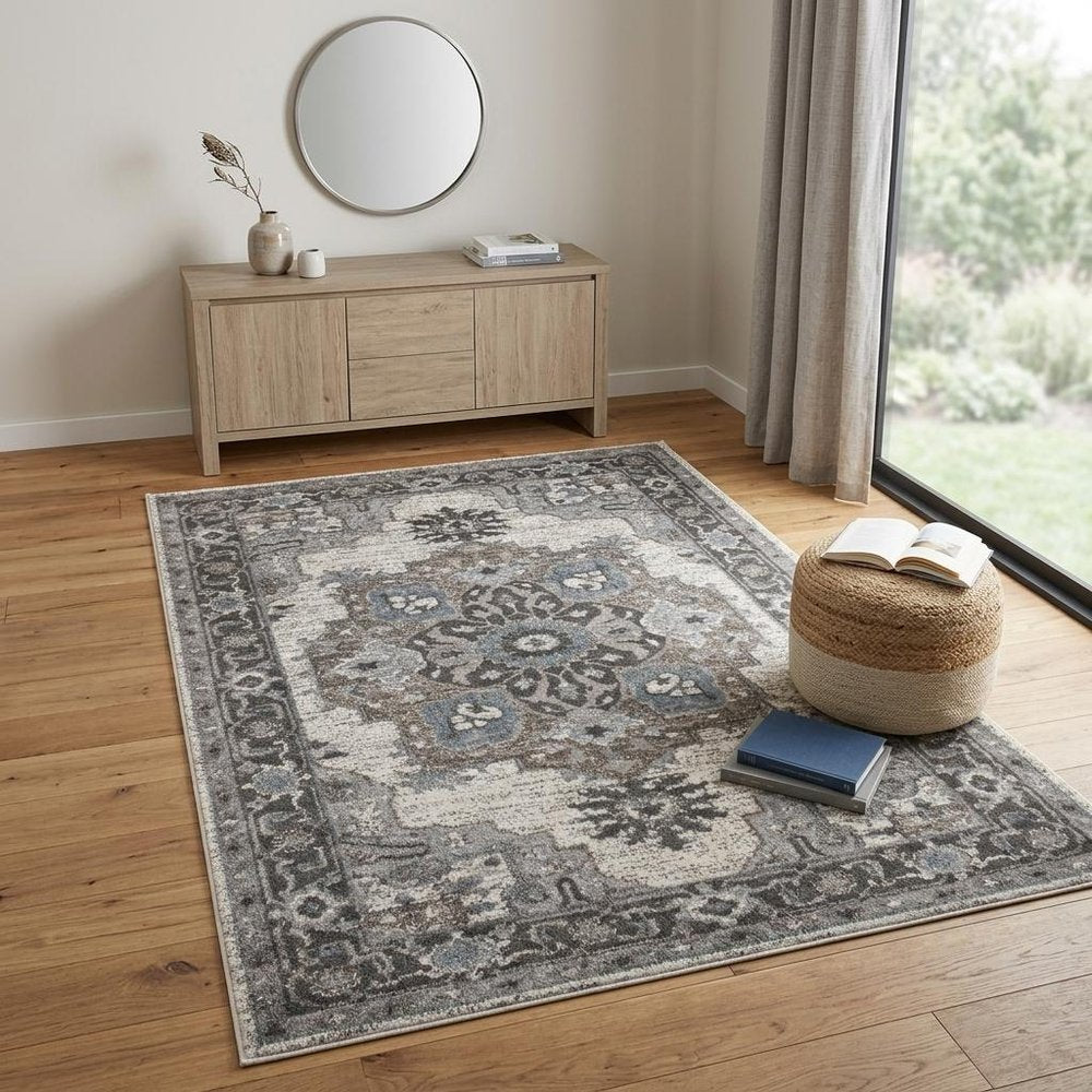 4' X 6' Ivory Taupe and Gray Medallion Power Loom Area Rug