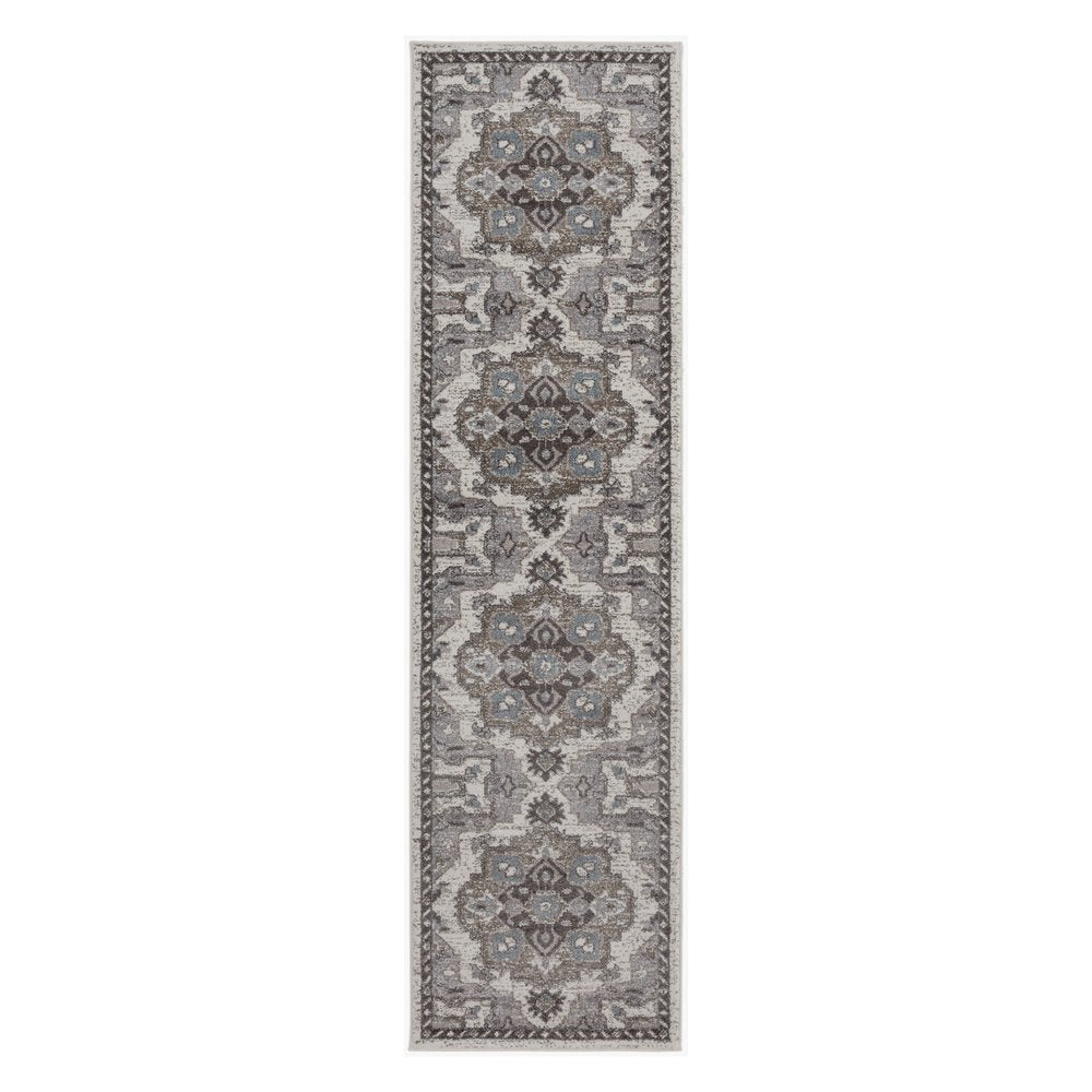 10' Ivory Taupe and Gray Medallion Power Loom Runner Rug