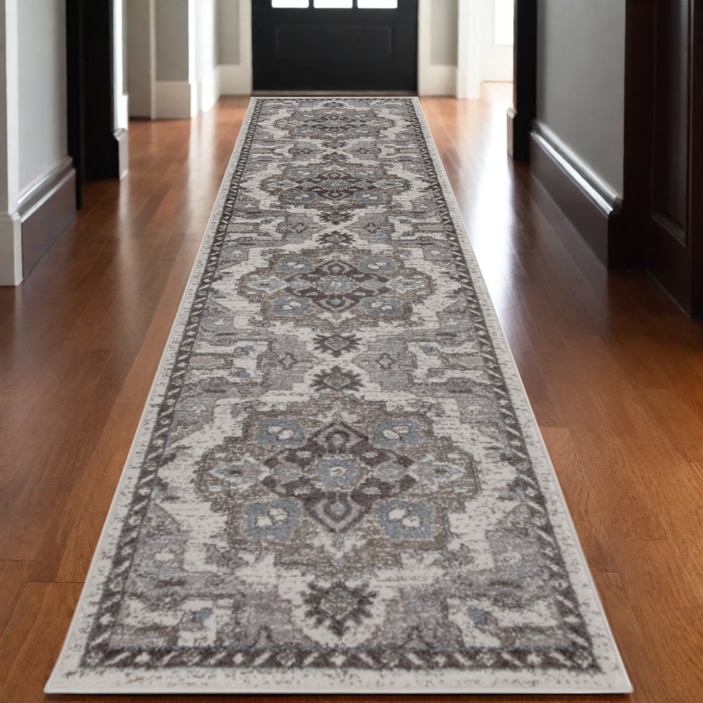 10' Ivory Taupe and Gray Medallion Power Loom Runner Rug