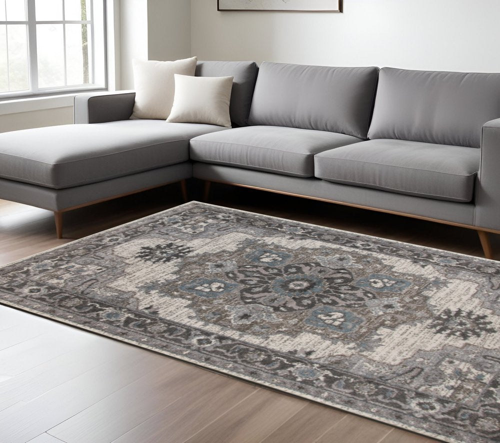 10' Ivory Taupe and Gray Medallion Power Loom Runner Rug