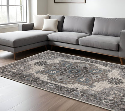 10' Ivory Taupe and Gray Medallion Power Loom Runner Rug