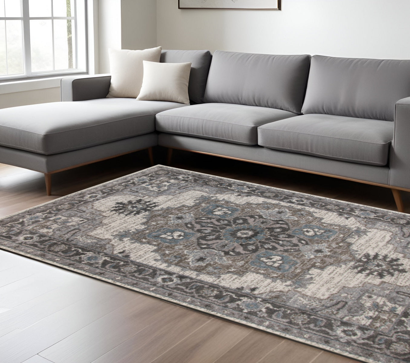 4' X 6' Ivory Taupe and Gray Medallion Power Loom Area Rug