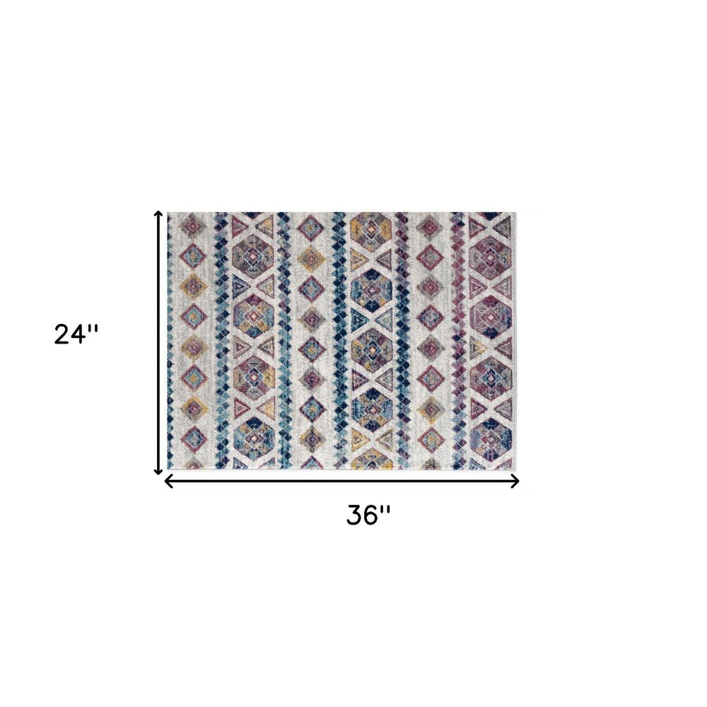 2' X 3' Ivory Blue and Orange Geometric Power Loom Area Rug