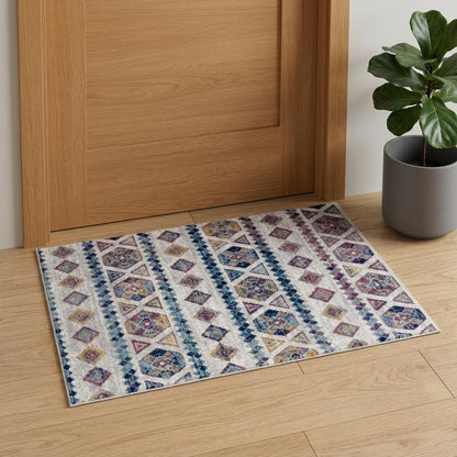 5' X 8' Ivory Blue and Orange Geometric Power Loom Area Rug