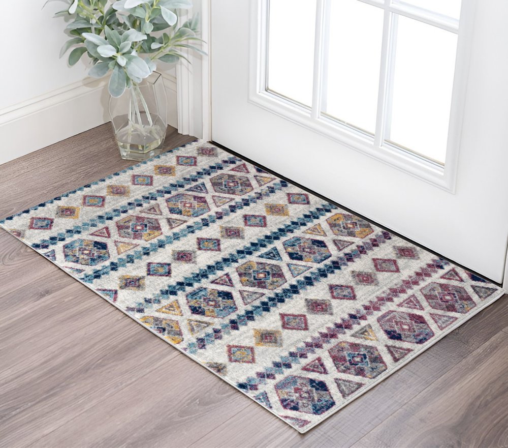 2' X 3' Ivory Blue and Orange Geometric Power Loom Area Rug