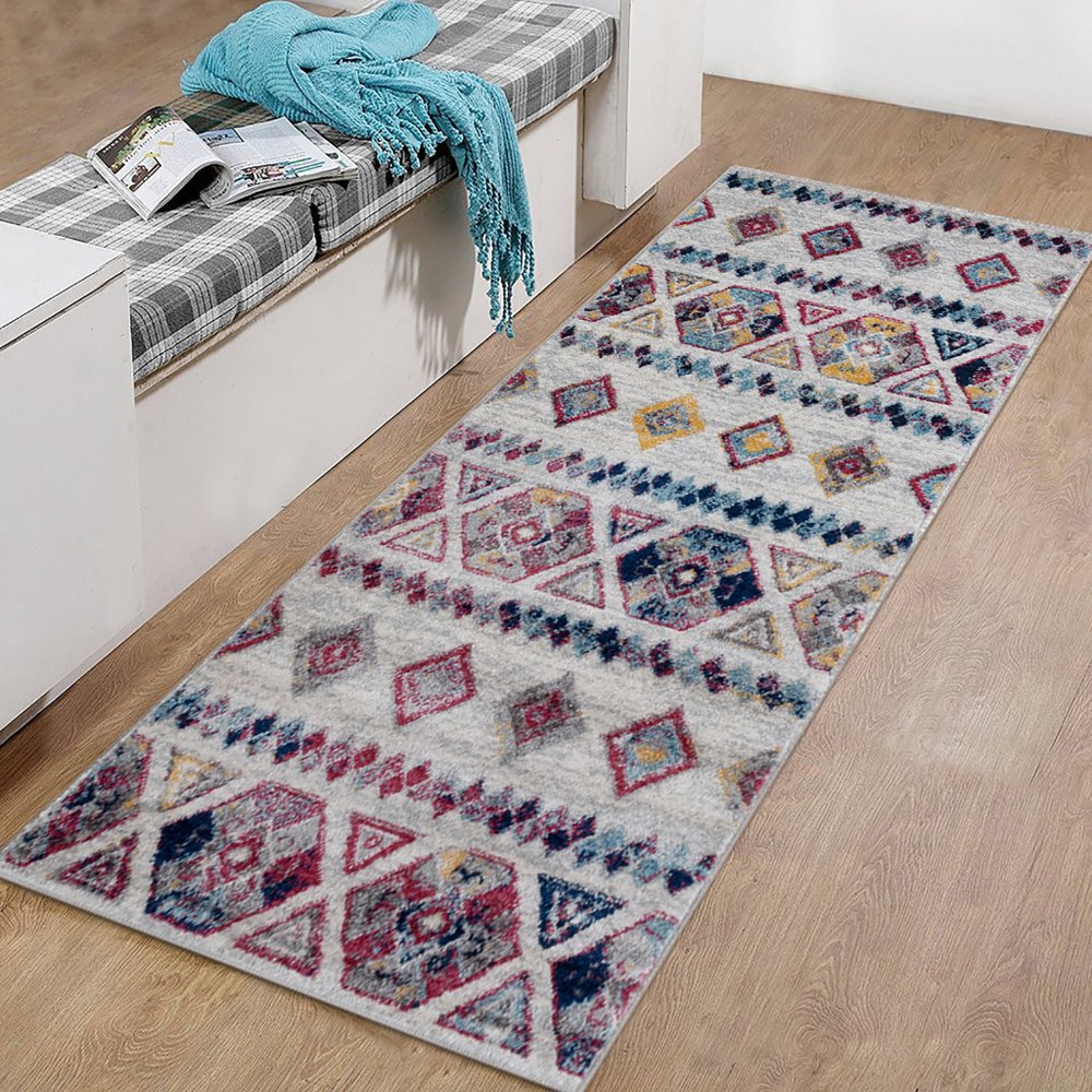2' X 3' Ivory Blue and Orange Geometric Power Loom Area Rug
