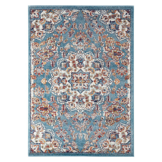 6' Ivory Blue and Orange Medallion Power Loom Round Rug