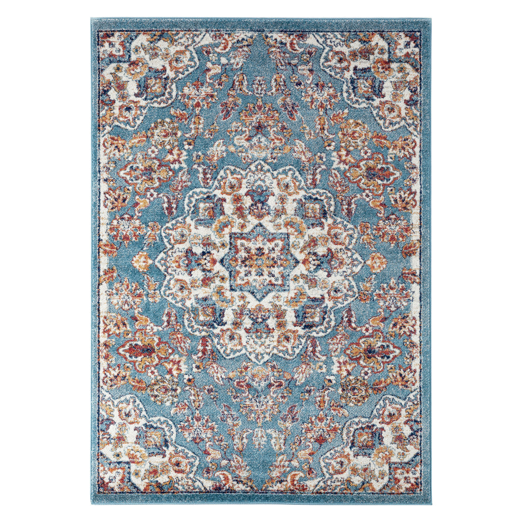 10' Ivory Blue and Orange Medallion Power Loom Runner Rug