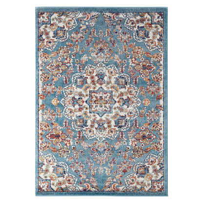 10' Ivory Blue and Orange Medallion Power Loom Runner Rug