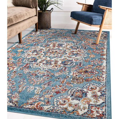 10' Ivory Blue and Orange Medallion Power Loom Runner Rug