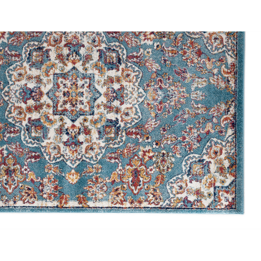 10' Ivory Blue and Orange Medallion Power Loom Runner Rug