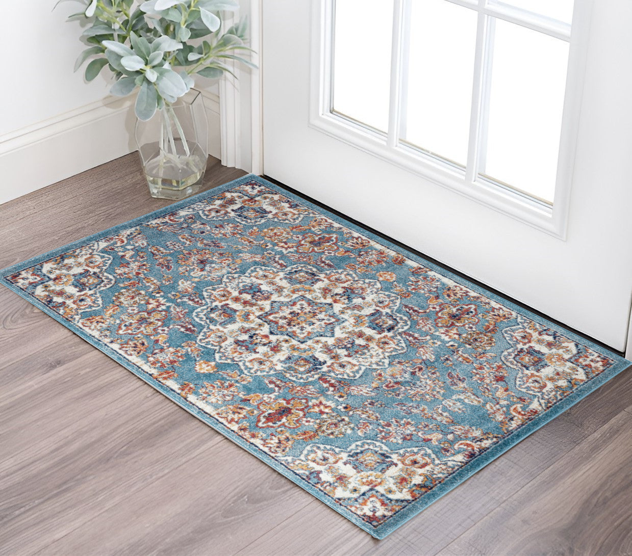 10' Ivory Blue and Orange Medallion Power Loom Runner Rug