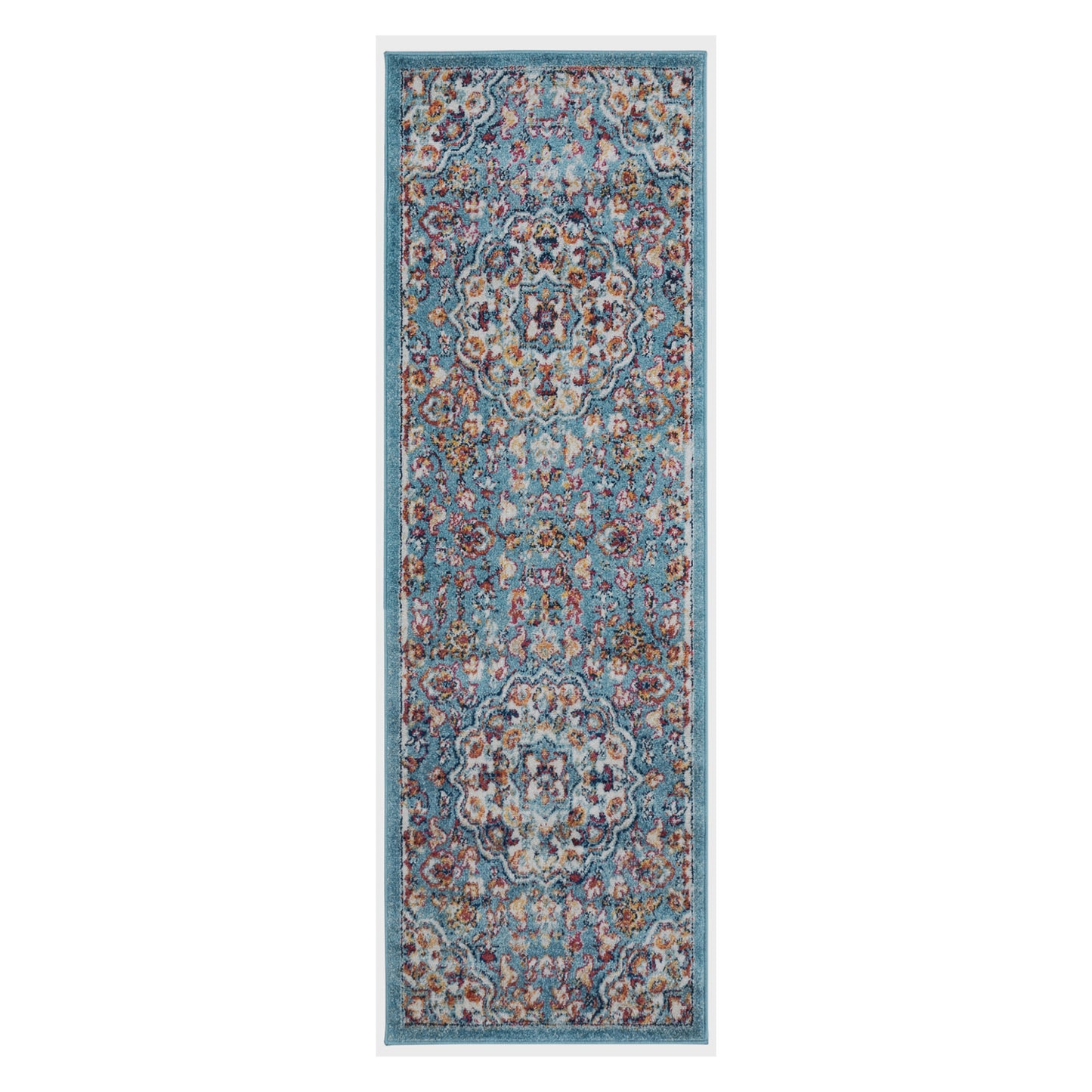 10' Ivory Blue and Orange Medallion Power Loom Runner Rug