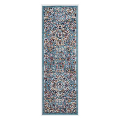 10' Ivory Blue and Orange Medallion Power Loom Runner Rug