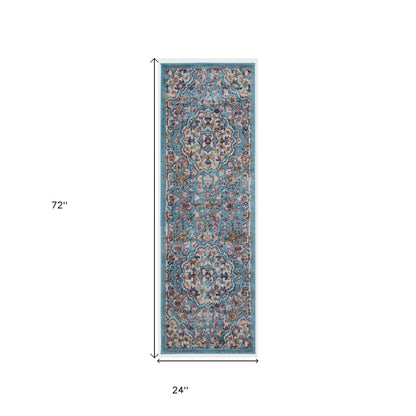 10' Ivory Blue and Orange Medallion Power Loom Runner Rug