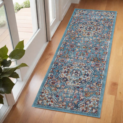 10' Ivory Blue and Orange Medallion Power Loom Runner Rug