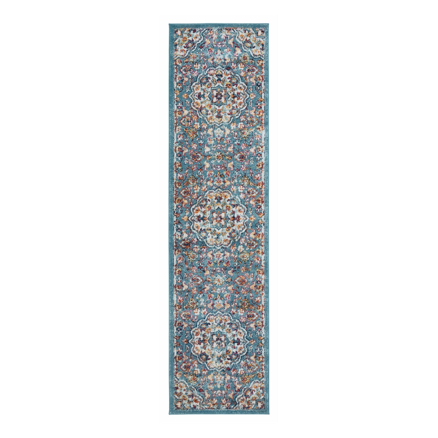 10' Ivory Blue and Orange Medallion Power Loom Runner Rug