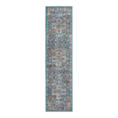 10' Ivory Blue and Orange Medallion Power Loom Runner Rug