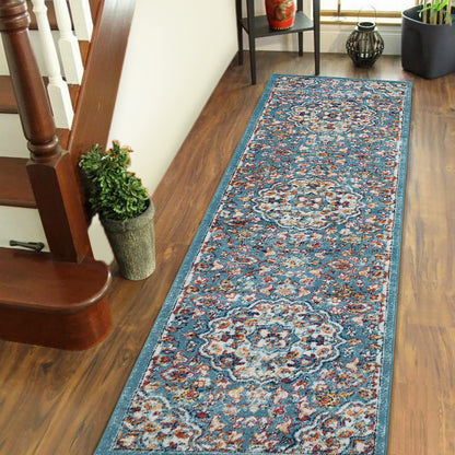 10' Ivory Blue and Orange Medallion Power Loom Runner Rug