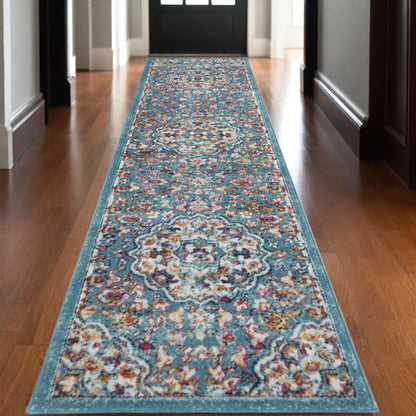 10' Ivory Blue and Orange Medallion Power Loom Runner Rug