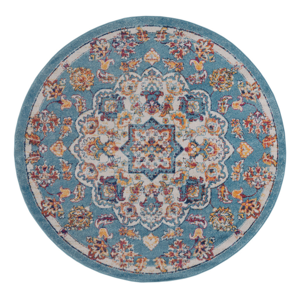 10' Ivory Blue and Orange Medallion Power Loom Runner Rug