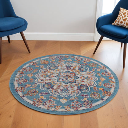 10' Ivory Blue and Orange Medallion Power Loom Runner Rug