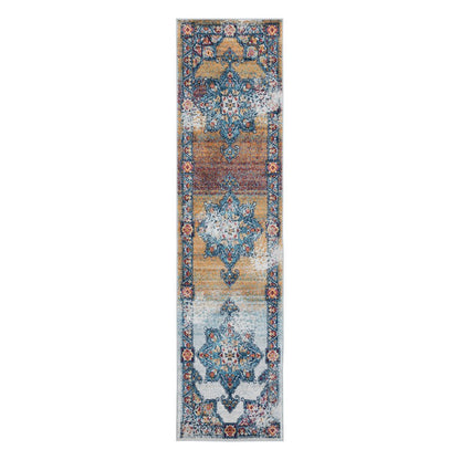 9' X 12' Ivory Blue And Orange Medallion Area Rug