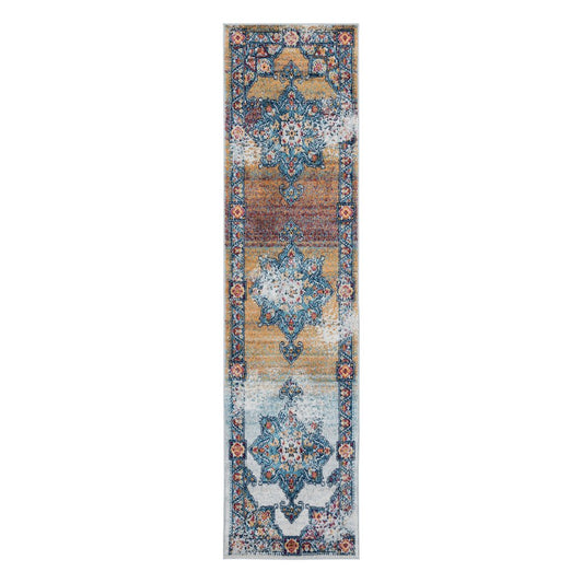 9' X 12' Ivory Blue And Orange Medallion Area Rug