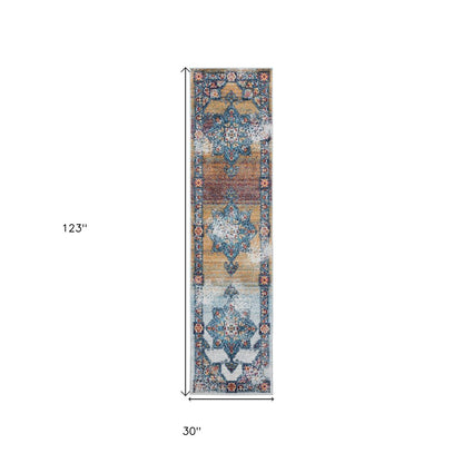 9' X 12' Ivory Blue And Orange Medallion Area Rug