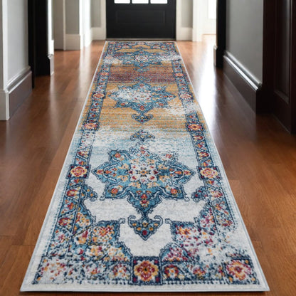 9' X 12' Ivory Blue And Orange Medallion Area Rug