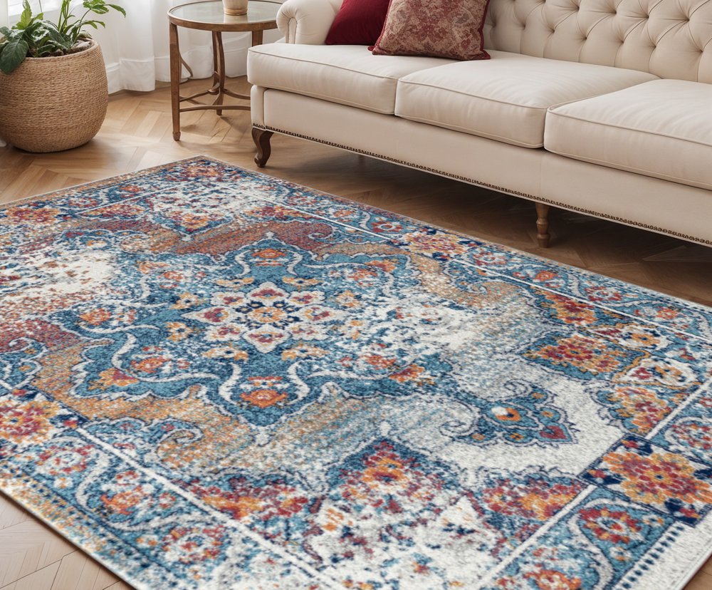 10' Blue Red and Orange Medallion Power Loom Runner Rug